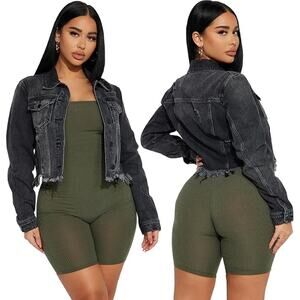 Black Denim Jean Jacket, Long Sleeve Zipper Canvas with Pockets, Size Large